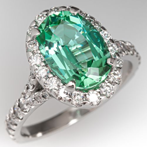 Beautiful Mint Tourmaline Ring w/ Diamond Halo Platinum