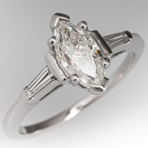 Baguette Accented Marquise Diamond Engagement Ring 14K White Gold 
