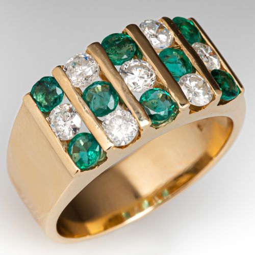 Channel Set Emerald & Diamond Ring 14K Yellow Gold
