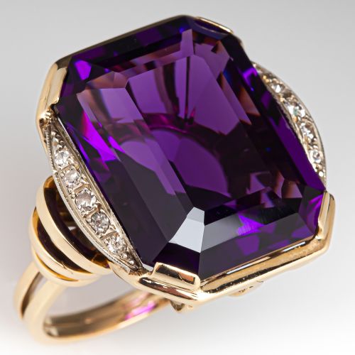Vintage Emerald Cut Amethyst Cocktail Ring 14K Yellow Gold