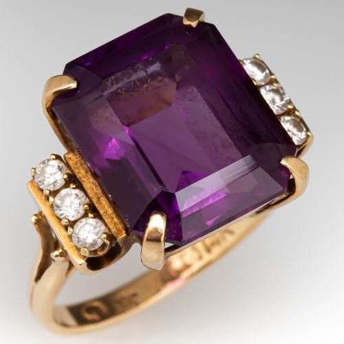 Vintage Emerald Cut Amethyst Cocktail Ring 14K Yellow Gold