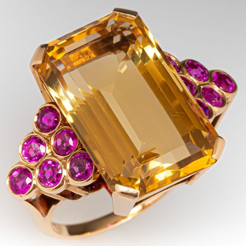 Spectacular Citrine & Ruby Cocktail Ring 14K Yellow Gold
