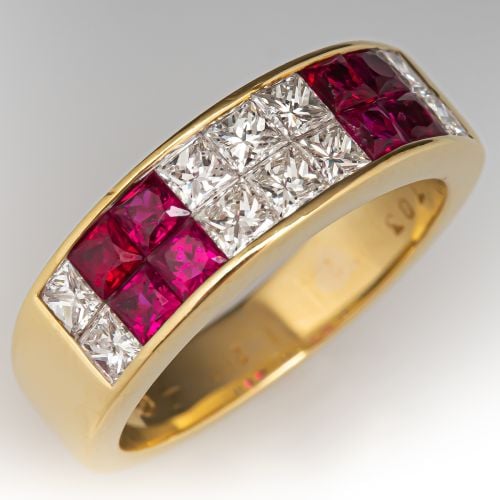 Invisible Set Princess Diamond & Ruby Band Ring 18K Yellow Gold
