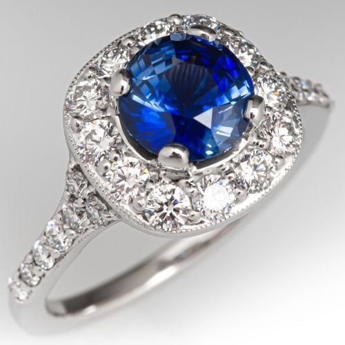 Round Blue Sapphire Engagement Ring w/ Diamonds 14K White Gold