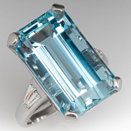 Stunning Emerald Cut Aquamarine Cocktail Ring 14K White Gold