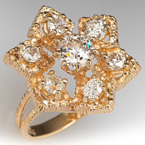 Vintage Floral Motif Old Euro Diamond Ring 14K Yellow Gold