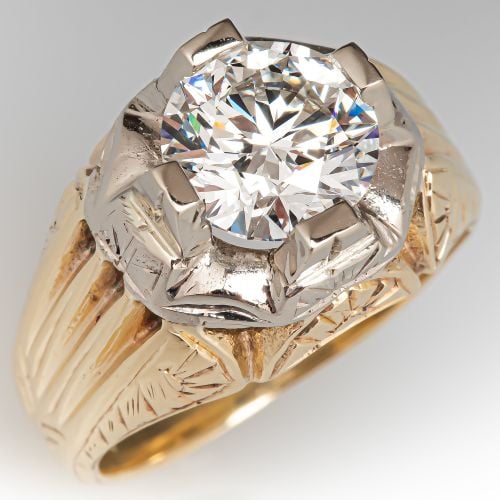 2.17Ct F/VS1 Lab Grown Diamond In 1940s 14K Yellow Gold Engraved Mounting