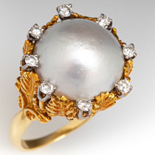 Vintage Mabé Pearl Ring w/ Engraved Leaves 18K Yellow Gold