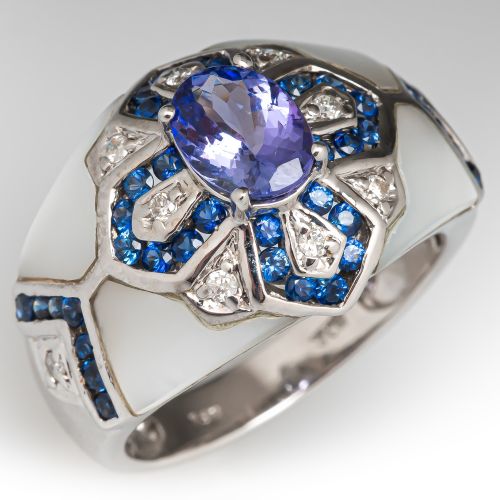 Wide Band Tanzanite & Mother-Of-Pearl Cocktail Ring 14K White Gold, Size 7.75