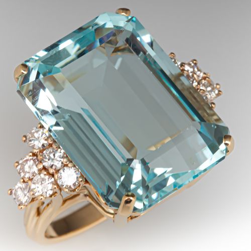 23 Carat Aquamarine Cocktail Ring w/ Diamonds 14K Yellow Gold  