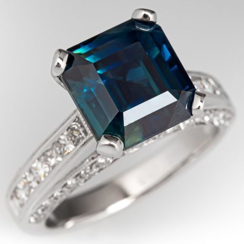 4 Carat Emerald Cut Sapphire Ring 18K White Gold