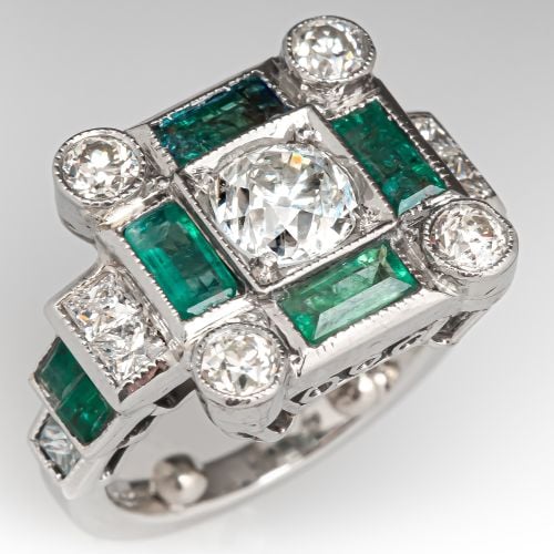 Vintage Old Mine Diamond & Emerald Ring Platinum