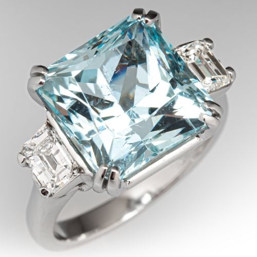 6 Carat Aquamarine & Emerald Cut Diamond Ring Platinum