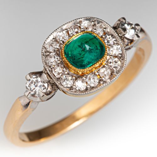 Stunning Sugarloaf Emerald & Diamond Ring 14K Yellow Gold
