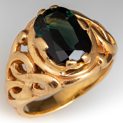 Gorgeous 3.5 Carat Green Sapphire Celtic Knot Ring 14K Yellow Gold
