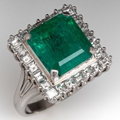 Vintage 6 Carat Emerald & Diamond Halo Ring Platinum