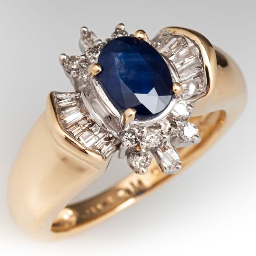 Oval Sapphire Diamond Ring 14K Yellow & White Gold