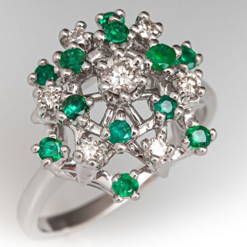 Domed Emerald & Diamond Cluster Ring 14K White Gold
