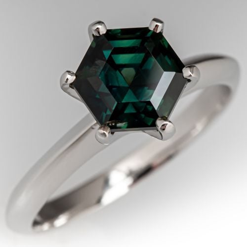 Gorgeous Hexagonal Green Sapphire Engagement Ring Platinum