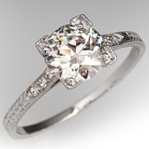 1930s Art Deco Old Euro Diamond Engagement Ring Platinum 1.21Ct J/VVS2 GIA