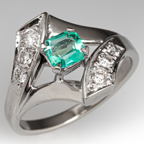 Vintage Green Beryl Diamond Ring 14K White Gold 