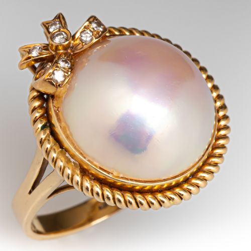 Mabé Pearl & Diamond Bow Ring 18K Yellow Gold