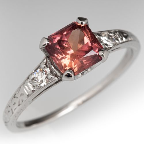 Vintage Wine Colored Sapphire & Diamond Engagement Ring Platinum