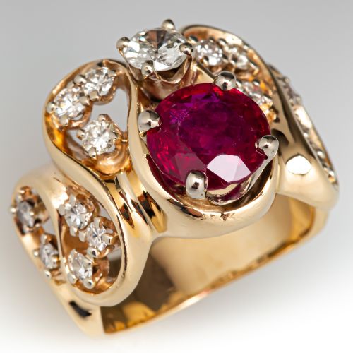 Swirl Motif Ruby Diamond Ring 14K Yellow Gold
