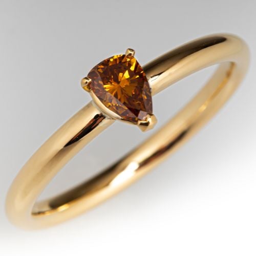 Fancy Intense Yellowish-Orange Pear Diamond Solitaire Ring 18K Yellow Gold