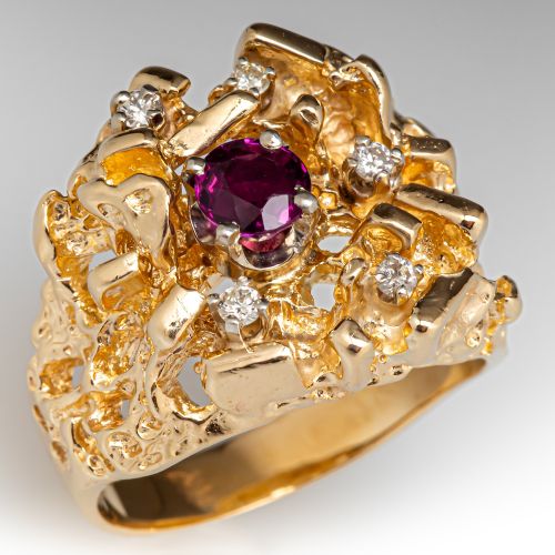 Ruby & Diamond Nugget Ring 14K Yellow Gold