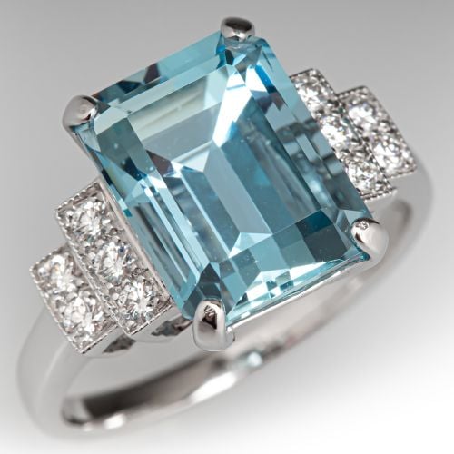 Emerald Cut Aquamarine Diamond Ring 18K White Gold