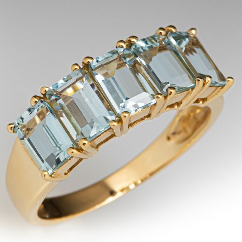 5 Stone Emerald Cut Aquamarine Ring 14K Yellow Gold