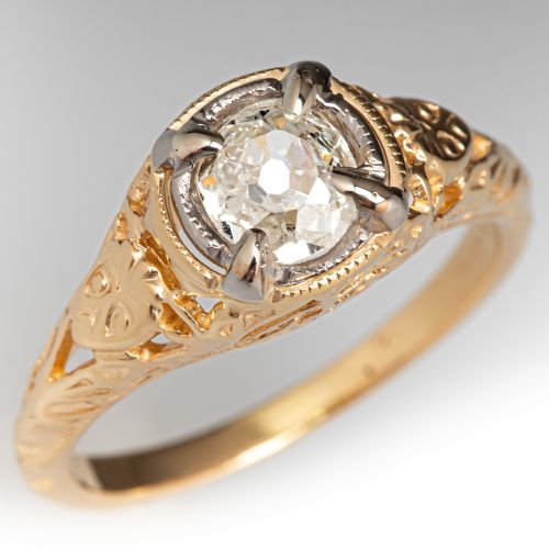 Circa 1940s Jabel Old Mine Diamond Engagement Ring 18K Yellow Gold .45Ct J/SI2