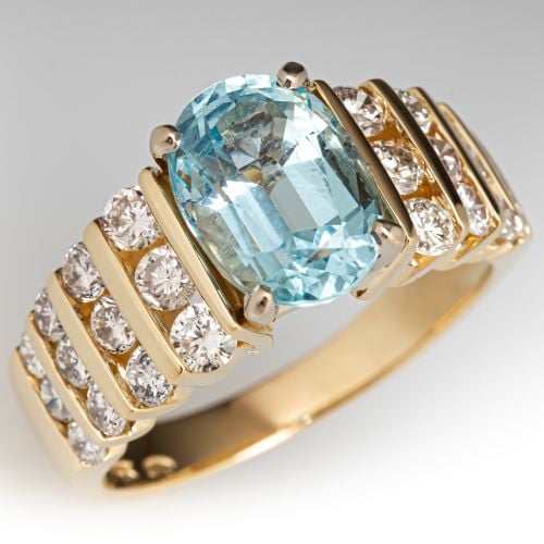 Vintage Oval Aquamarine & Diamond Ring 14K Yellow 