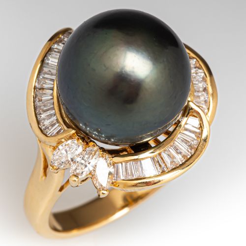 Stunning Tahitian Pearl & Diamond Ring 18K Yellow Gold