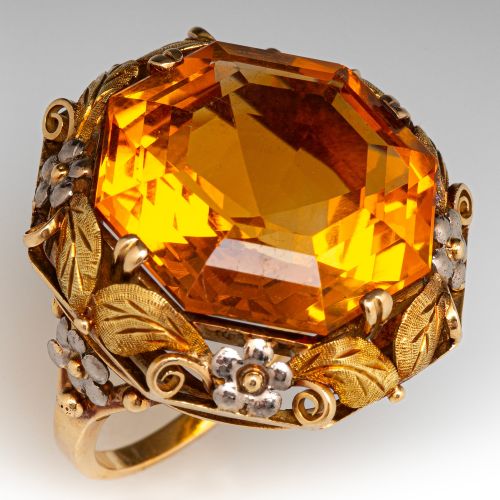 Vintage Octagonal Step Cut Citrine Floral Ring 18K Yellow Gold