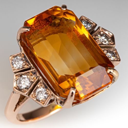 1940s Emerald Cut Citrine & Diamond Ring Rose Gold