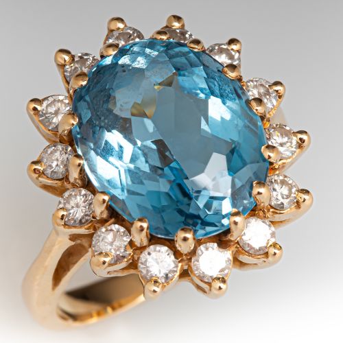 Blue Topaz & Diamond Halo Ring 14K Yellow Gold