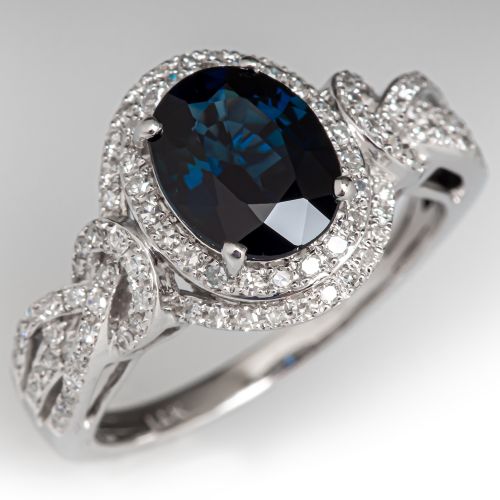 Dark Oval Sapphire & Diamond Ring 14K White Gold