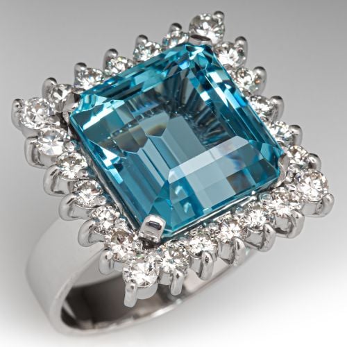 10 Carat Aquamarine & Diamond Halo Cocktail Ring 18K White Gold