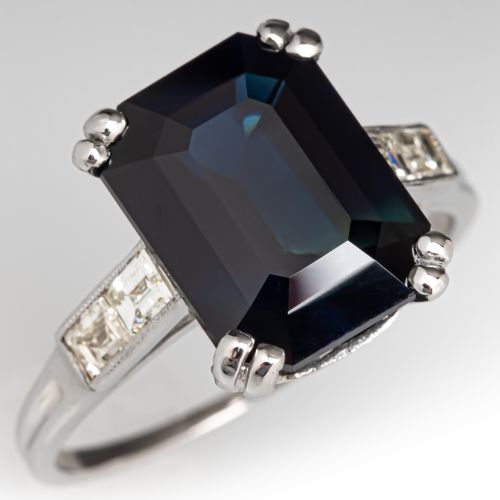 5 Carat Dark Teal Sapphire Ring w/ Baguette Diamond Accents Platinum