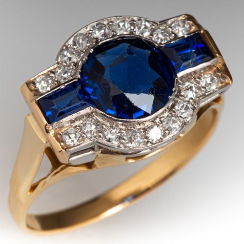 Antique Sapphire Ring w/ Diamond Accents 18K Yellow Gold Circa 1930's