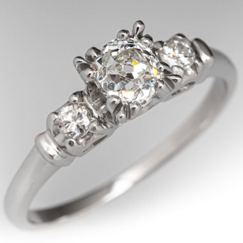 Vintage Three Stone Old Mine Diamond Engagement Ring Platinum .64Ct J/VS2 GIA
