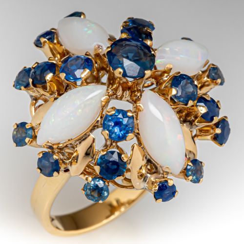 Vintage Opal & Sapphire Cluster Ring 14K Yellow Gold