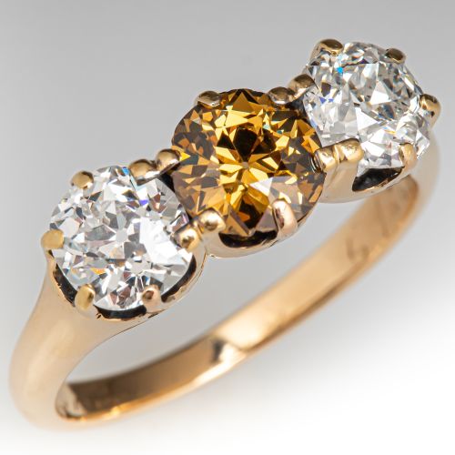 Victorian Three Stone Old Euro Diamond Engagement Ring 14K Yellow Gold