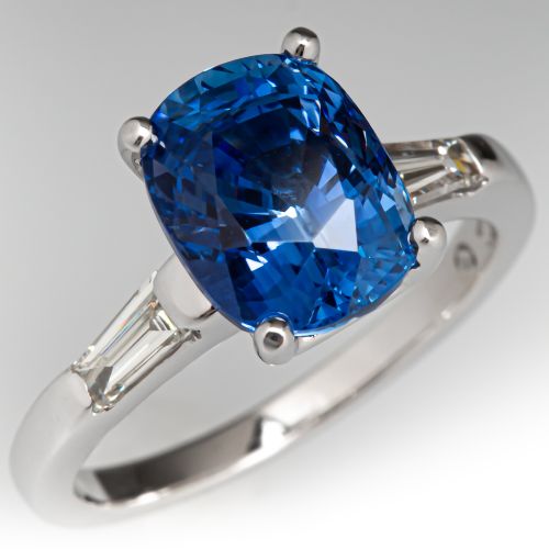 Cushion Sapphire Engagement Ring w/ Baguette Diamond Accents 14K White Gold
