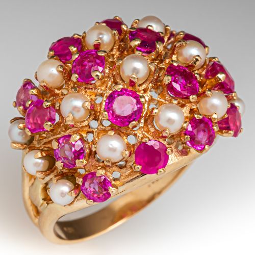 Ruby & Pearl Cocktail Ring 14K Yellow Gold
