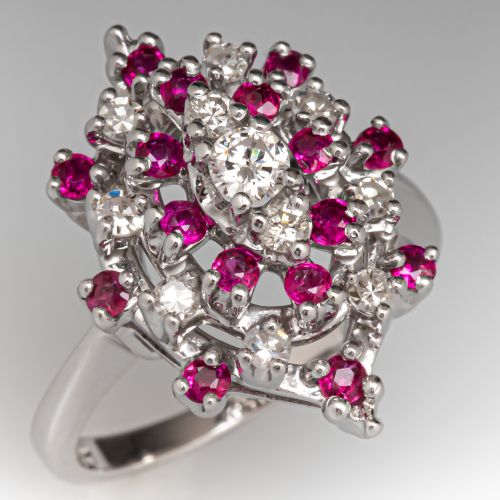 Navette Motif Diamond & Ruby Ring 14K White Gold