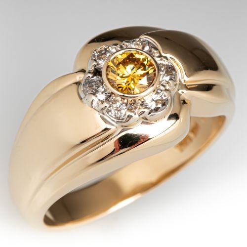 Wide Band Diamond Cluster Ring 14K Yellow Gold