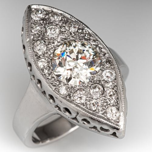 Vintage Navette Motif Old Euro Diamond Ring 14K White Gold